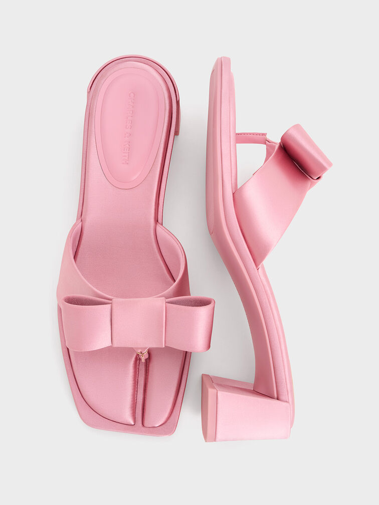 Satin Bow Heeled Thong Sandals, Pink, hi-res