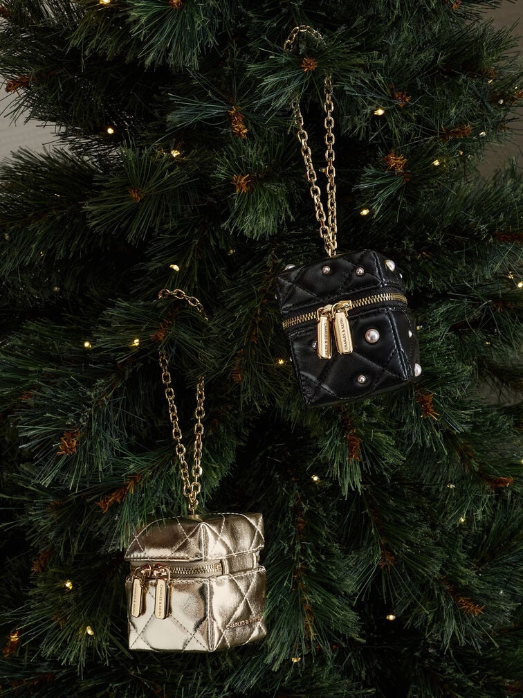 Janie Metallic Quilted Chain-Handle Micro Bag, Champagne, hi-res