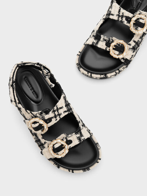 Tweed Pearl-Buckle Double Strap Sandals, สีแบล็คเท็กซ์เจอร์, hi-res