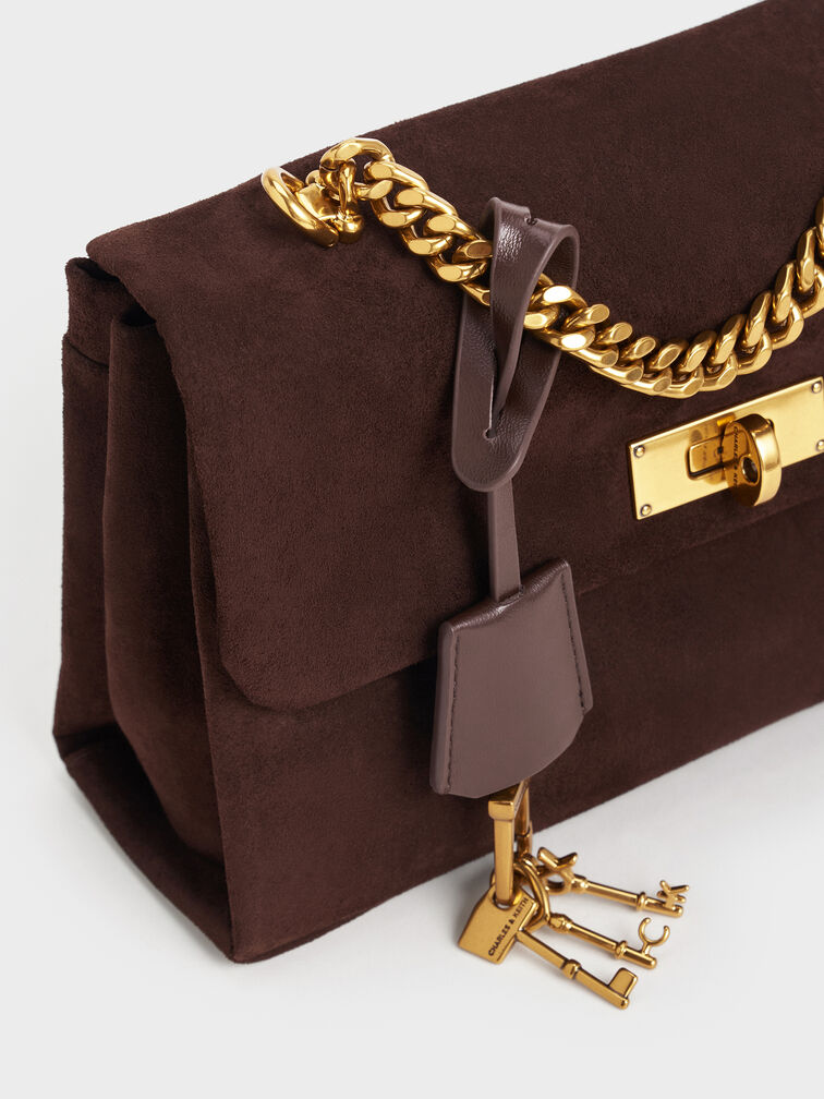 กระเป๋าสะพายข้างวัสดุหนังกลับรีไซเคิลพร้อมสายโซ่รุ่น Kerry, สีเอสเพรสโซบราวน์, hi-res