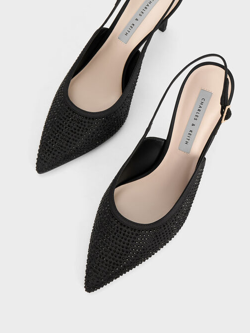 Satin Crystal-Embellished Slingback Pumps, , hi-res