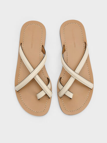 รองเท้าแตะดีไซน์สายไขว้พร้อมห่วงคล้องนิ้วเท้า, สีชอล์ค, hi-res