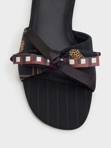 Satin Printed-Bow Slide Sandals, Black Textured, hi-res