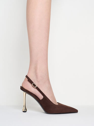 Faux Suede Sculptural-Heel Pointed-Toe Pumps, Dark Brown, hi-res