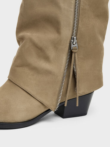 Aether Faux Suede Tassel-Zip Knee-High Boots, Khaki, hi-res