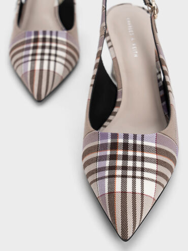 Oleana Checkered See-Through Trapeze Heel Slingback Pumps, Taupe, hi-res