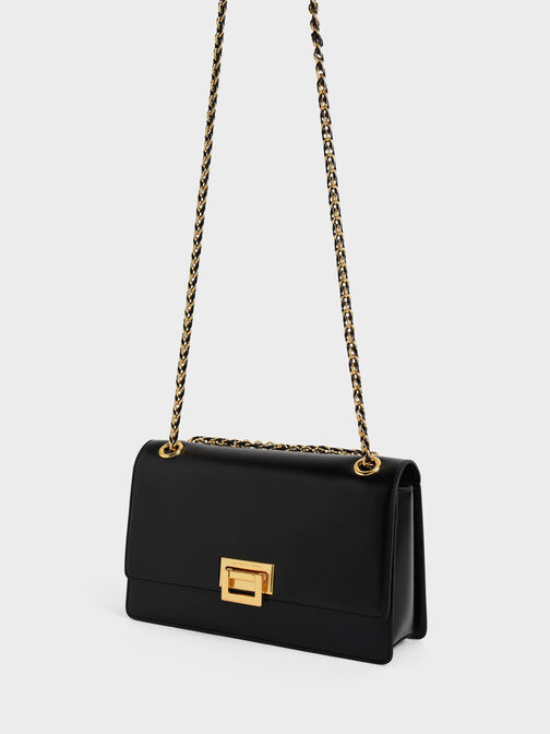 Chain Handle Shoulder Bag, Black, hi-res