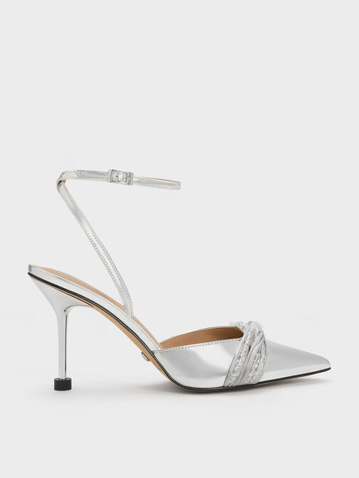 Leda Beaded Leather Ankle-Strap Pumps, Silver, hi-res