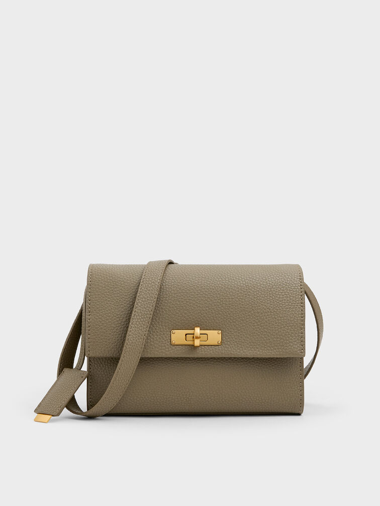 กระเป๋าสะพายข้างวัสดุหนังรีไซเคิลตกแต่งตัวล็อคแบบหมุนรุ่น Chance, สีดีพโอลีฟ, hi-res