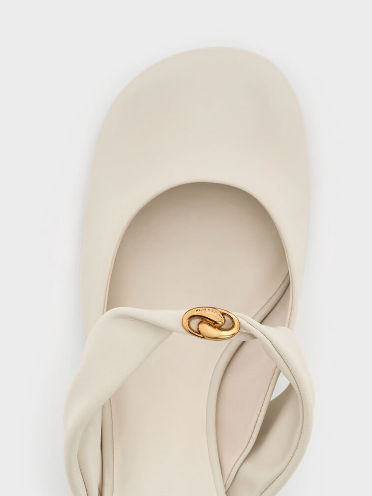 Metallic-Accent Twisted-Strap Heeled Mules, Chalk, hi-res