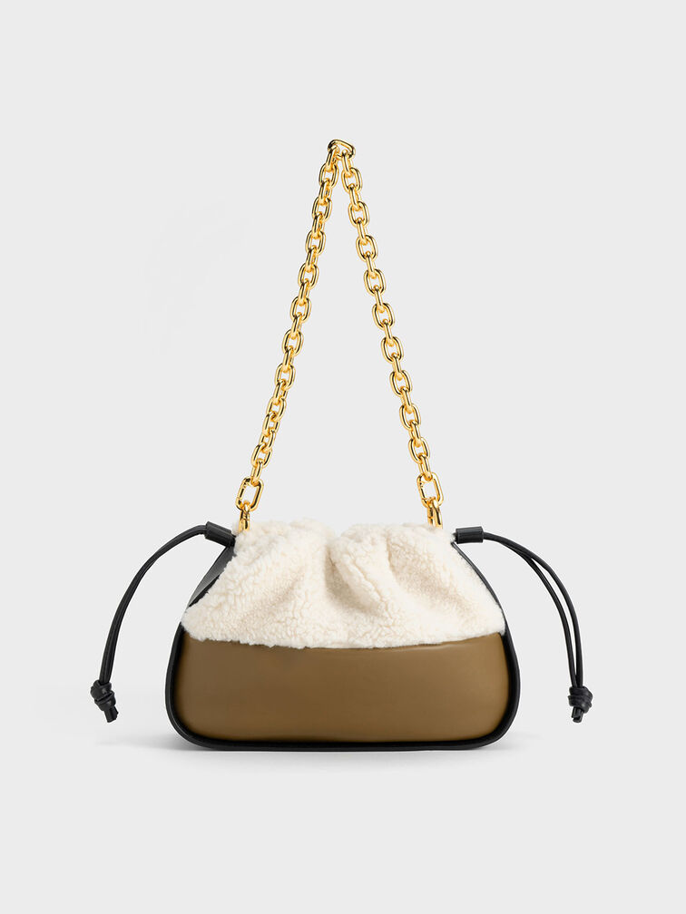 Furry Ruched Chain Handle Drawstring Bag, , hi-res