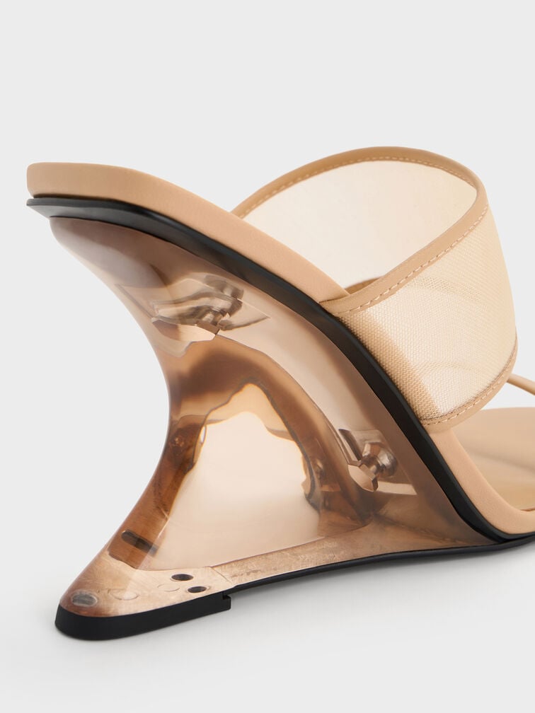 รองเท้าส้นเตารีดทรง Sculptural ดีไซน์ผ้าตาข่าย, สีนู้ด, hi-res