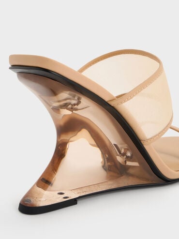 รองเท้าส้นเตารีดทรง Sculptural ดีไซน์ผ้าตาข่าย, สีนู้ด, hi-res