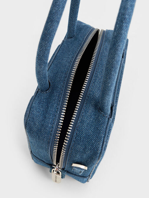 กระเป๋าถือผ้าเดนิมทรงยาวพร้อมหูจับด้านบนรุ่น Perline, สีเดนิมบลู, hi-res