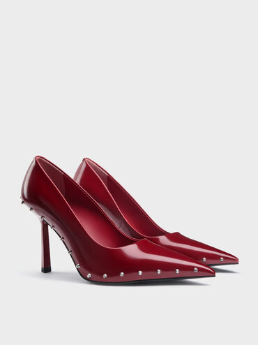 Coralie Studded Pointed Pumps, Red, hi-res
