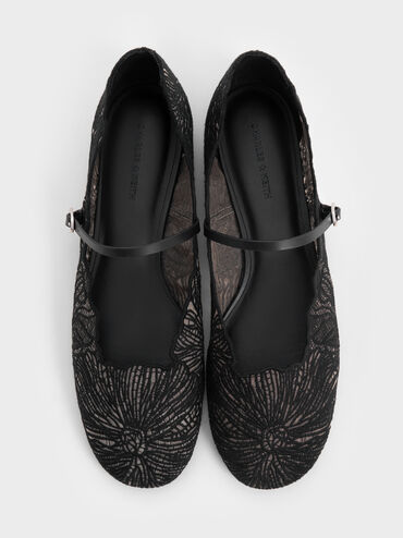 Crochet Floral Mary Jane Flats, Black Textured, hi-res