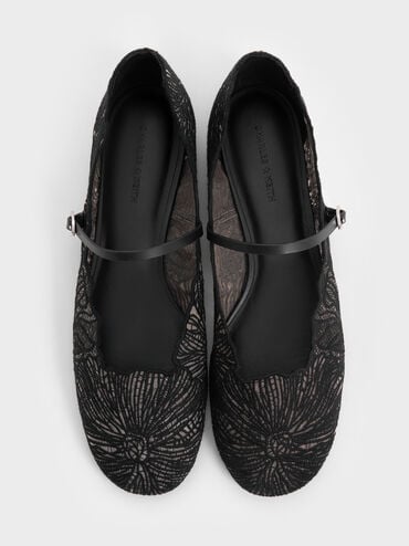 Crochet Floral Mary Jane Flats, Black Textured, hi-res