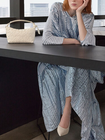 Woven Pointed-Toe Slingback Pumps, Chalk, hi-res