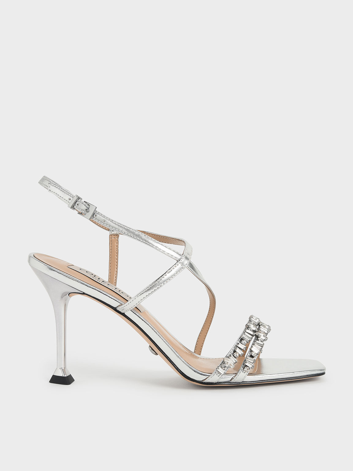 Silver Metallic Leather Gem-Embellished 