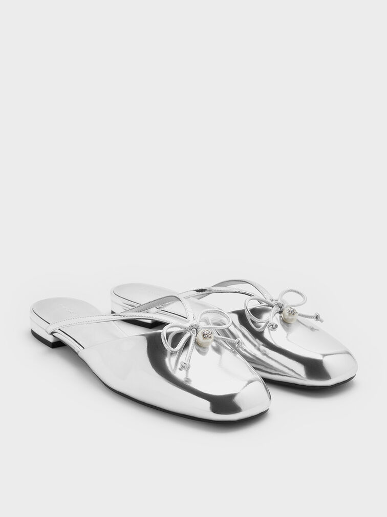 Metallic Pearl-Accent Bow Flat Mules, Silver, hi-res