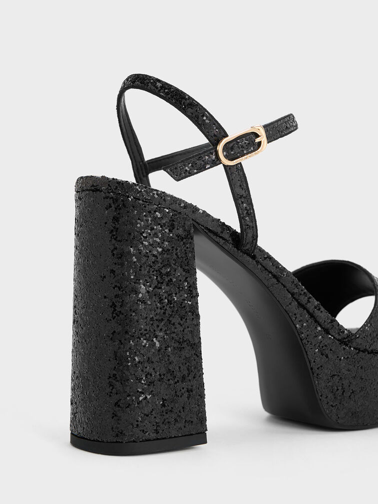 Glittered Ankle-Strap Platform Sandals, Black Textured, hi-res