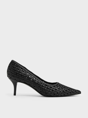Woven Pointed Stiletto Pumps, Black, hi-res