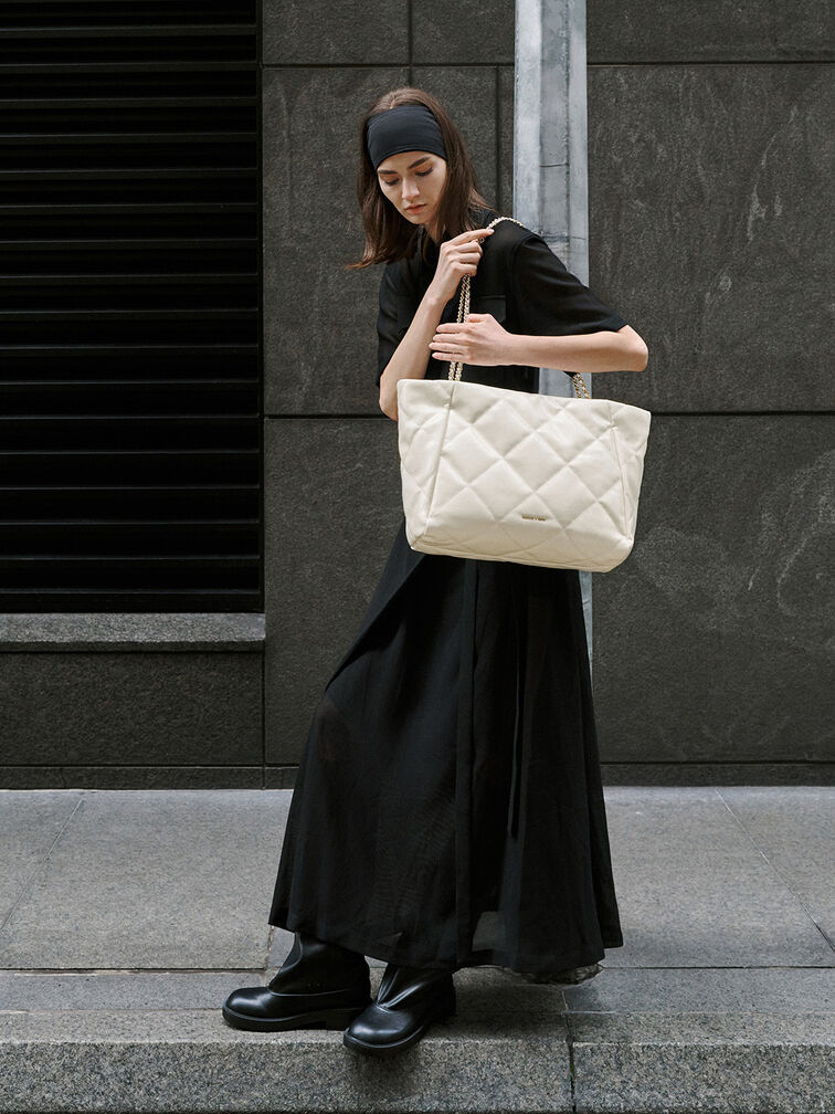 Apfra Quilted Chain-Handle Tote Bag, Cream, hi-res