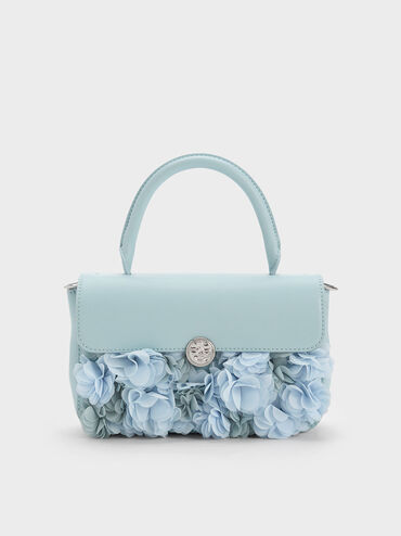 Floral Mesh Top Handle Bag, สีฟ้าอ่อน, hi-res