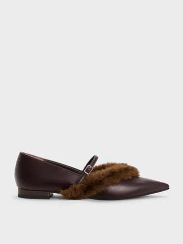 Emila Faux Suede Fur-Trim Pointed Mary Janes, Dark Brown, hi-res