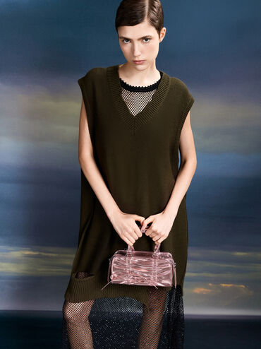 กระเป๋าโบว์ลิ่งตกแต่งโบว์เมทัลลิคแบบรูด และชาร์มประดับรุ่น Kadee, สีออร่าพิงค์, hi-res