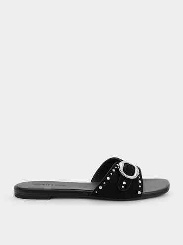 Studded Buckled Slide Sandals, Black, hi-res