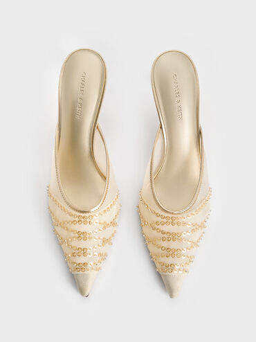 Mesh Metallic Sequinned Heeled Mules, Gold, hi-res