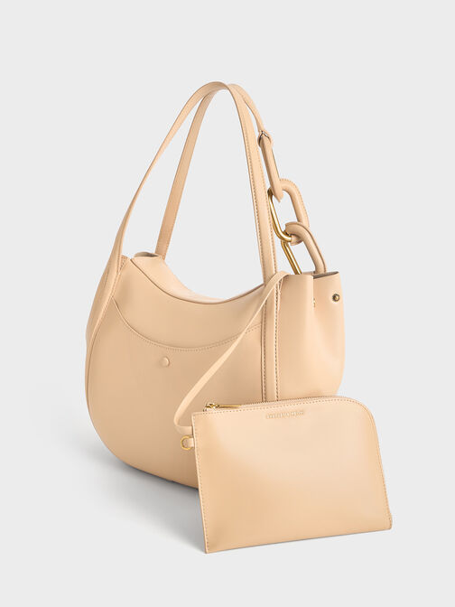 กระเป๋าโท้ทตกแต่งอะไหล่เมทัลลิครุ่น Kora, สีเบจ, hi-res