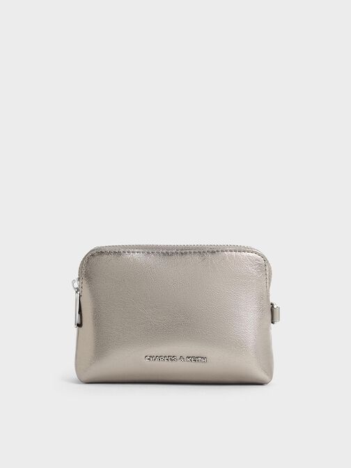 Atwood Metallic Crinkle-Effect Chain-Handle Pouch, Pewter, hi-res