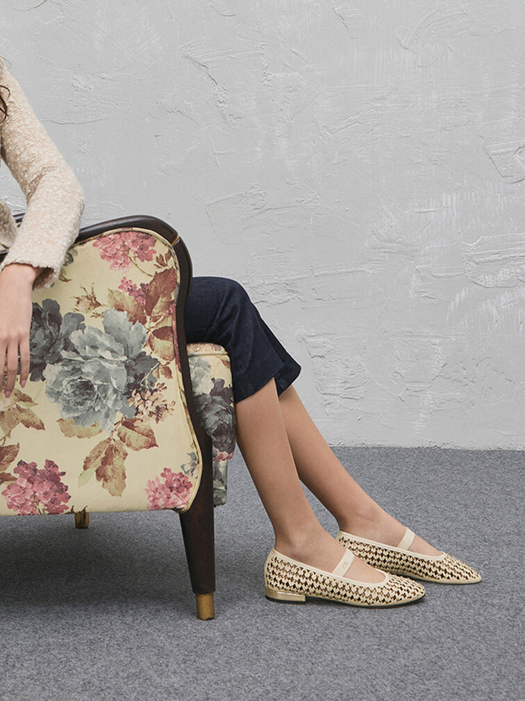 Studded Cut-Out Mary Jane Flats, Cream, hi-res
