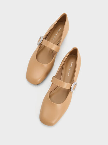 Crystal-Embellished Buckle Mary Jane Flats, Camel, hi-res