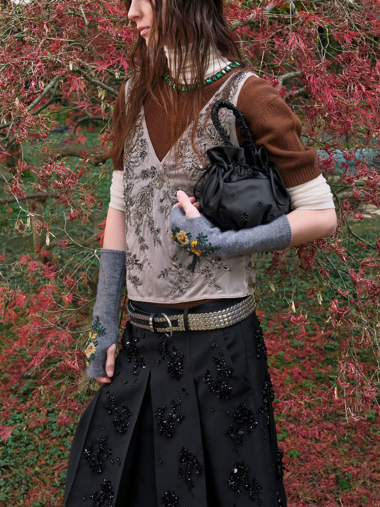 Mabel Satin Floral-Vine Bucket Bag, Noir, hi-res