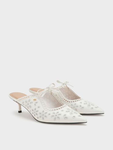 Leather Embroidered Heeled Mules, White, hi-res