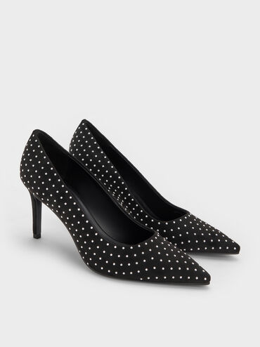 Faux Suede Studded Pointed-Toe Pumps, Black Textured, hi-res