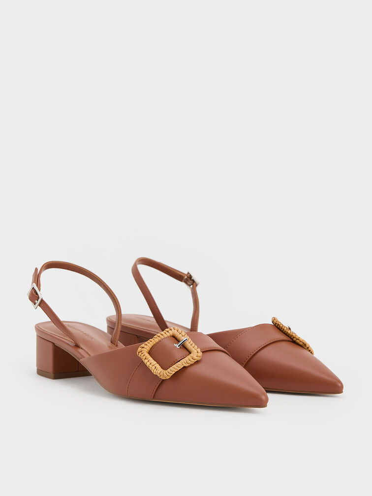 Woven-Buckle Slingback Pumps, Brown, hi-res
