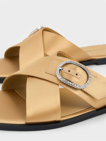 Recycled Polyester Crystal-Buckle Crossover-Strap Sandals, Champagne, hi-res