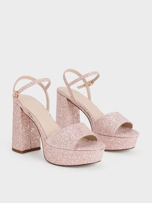 Glittered Ankle-Strap Platform Sandals, Pink, hi-res