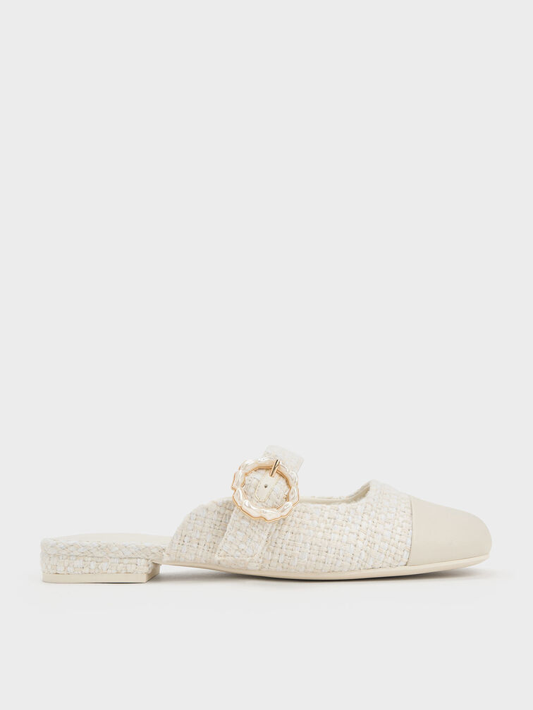 Tweed Pearl Buckle Mary Jane Mules, สีชอล์ค, hi-res