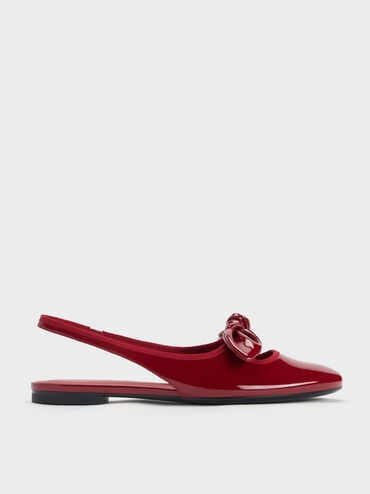 Patent Knotted-Bow Slingback Flats, Red, hi-res