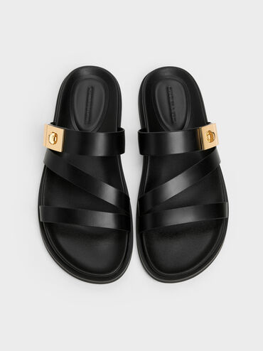 Aelin Metallic-Buckle Strappy Sandals, Black, hi-res