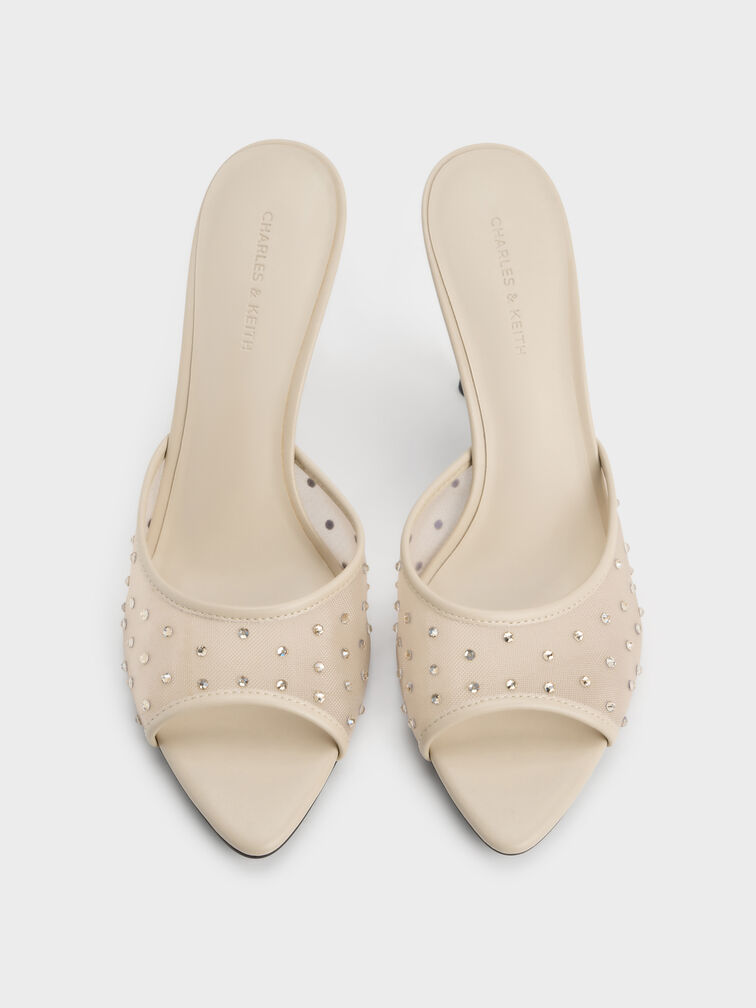 Mesh Crystal Peep-Toe Heeled Mules, Beige, hi-res