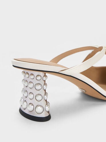 Beaded Heel Bow Mules, สีขาว, hi-res