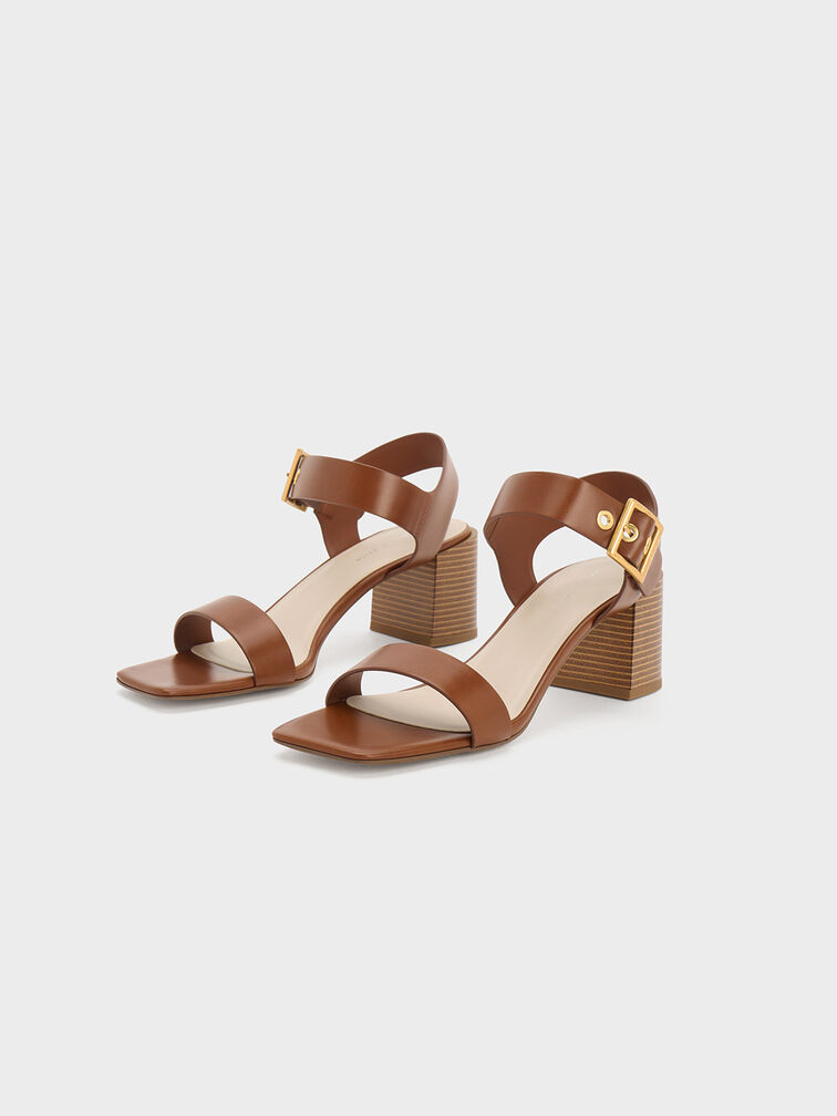 Square-Buckle Block Heel Sandals, สีคอนยัค, hi-res