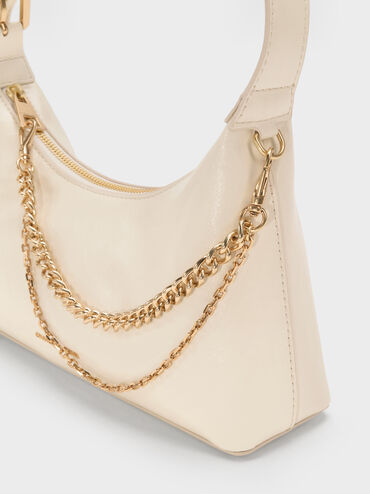กระเป๋าสะพายไหล่ตกแต่งสายโซ่รุ่น Atwood, สีครีม, hi-res