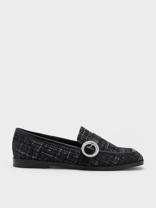 Tweed Crystal-Embellished Buckle Loafers, Multi, hi-res